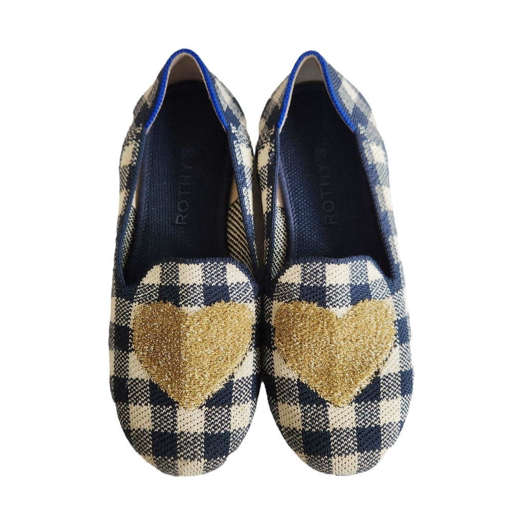 Rothy's Navy and Cream Gingham Kids Slip-On Flats with Gold Heart